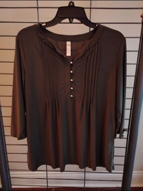 PerSeption Concept Olive Green Pintuck Button Tunic Top Size Large